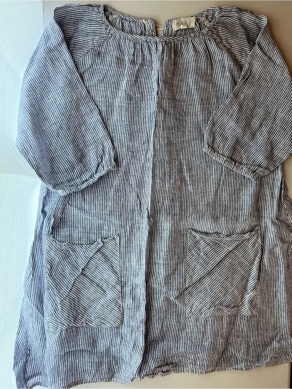 Mabo 100% Linen Handmade-Style Blue Stripe Kids Casual Dress with Pockets